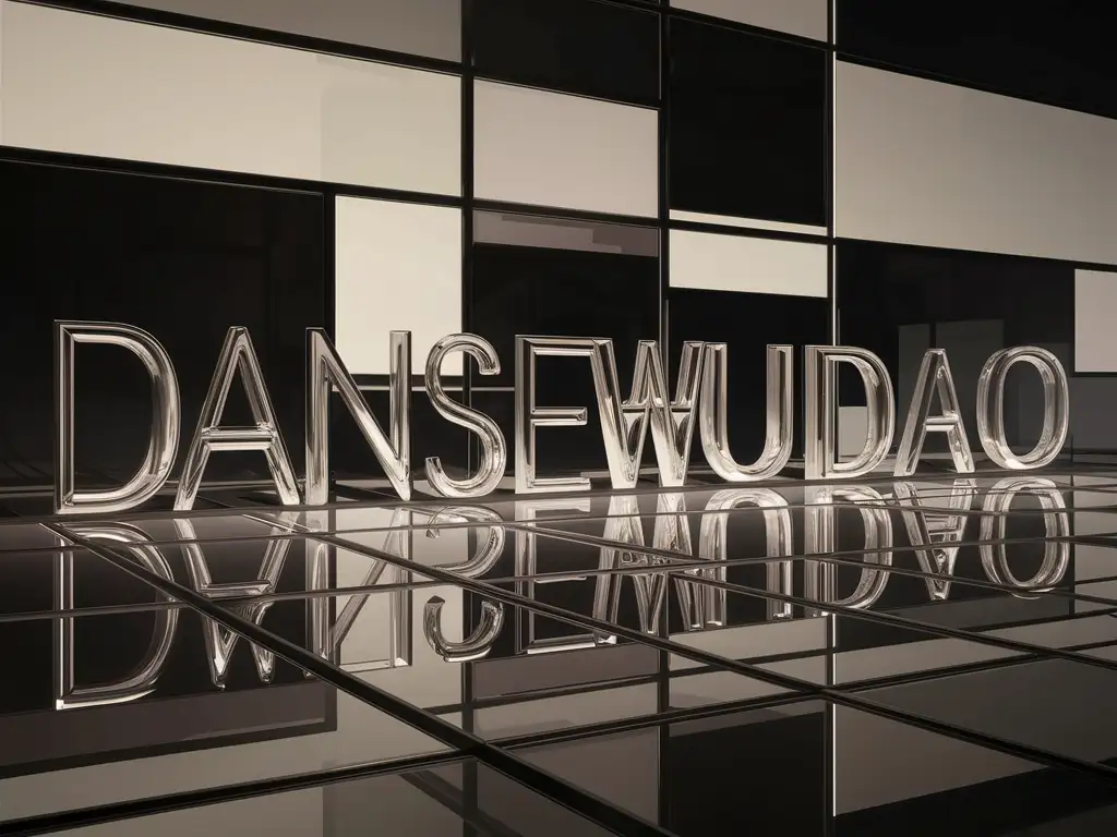 3D rendering of the letter "DANSEWUDAO" made of glassmorphism glass, with Piet Mondrian tones, studio lighting, edge light, volume light, ultra realistic, octane rendering, ray tracing on a glassmorphism background,