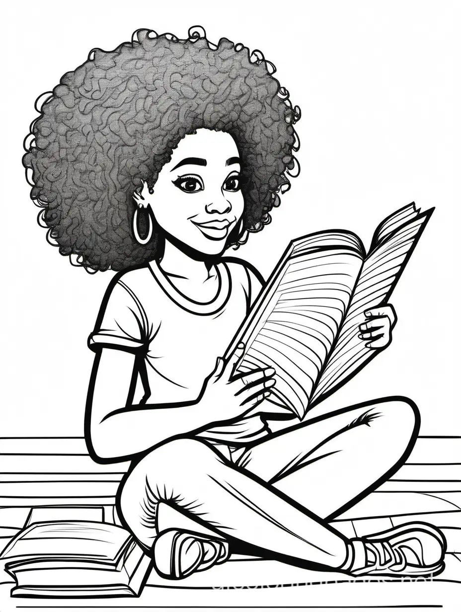 Pretty black woman sitting on the floor reading, Coloring Page, black and white, line art, white background, Simplicity, Ample White Space. The background of the coloring page is plain white to make it easy for young children to color within the lines. The outlines of all the subjects are easy to distinguish, making it simple for kids to color without too much difficulty