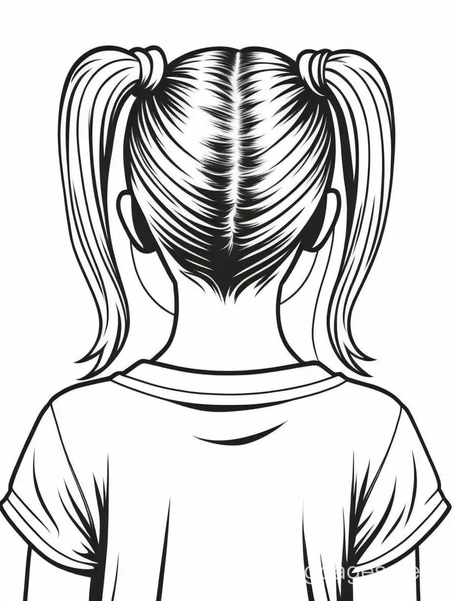 tween GIRL with  HIGH pigtailss from behind, Coloring Page, black and white, line art, white background, Simplicity, Ample White Space. The background of the coloring page is plain white to make it easy for young children to color within the lines. The outlines of all the subjects are easy to distinguish, making it simple for kids to color without too much difficulty