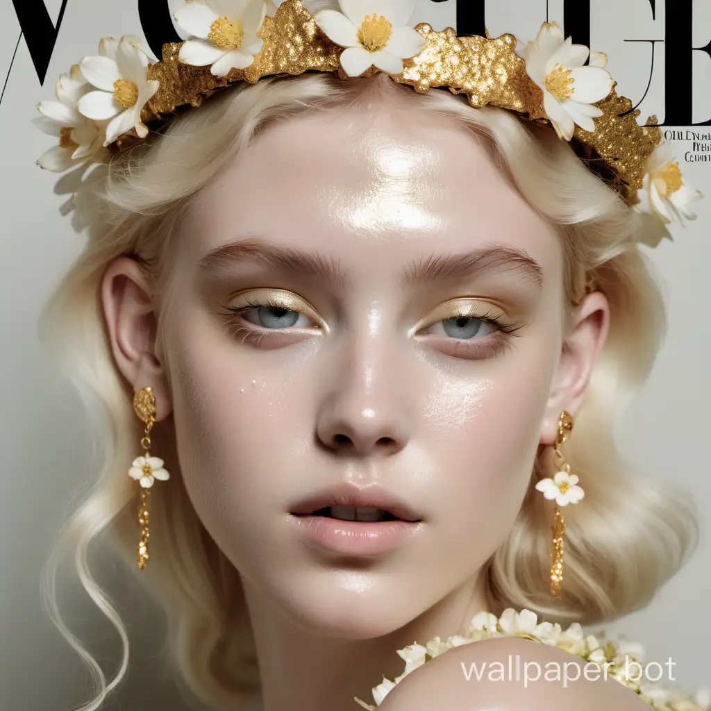 close up vogue cover photography, blonde model, pale dewy skin, golden glitter on face, small pale pastel flower crown, golden earrings