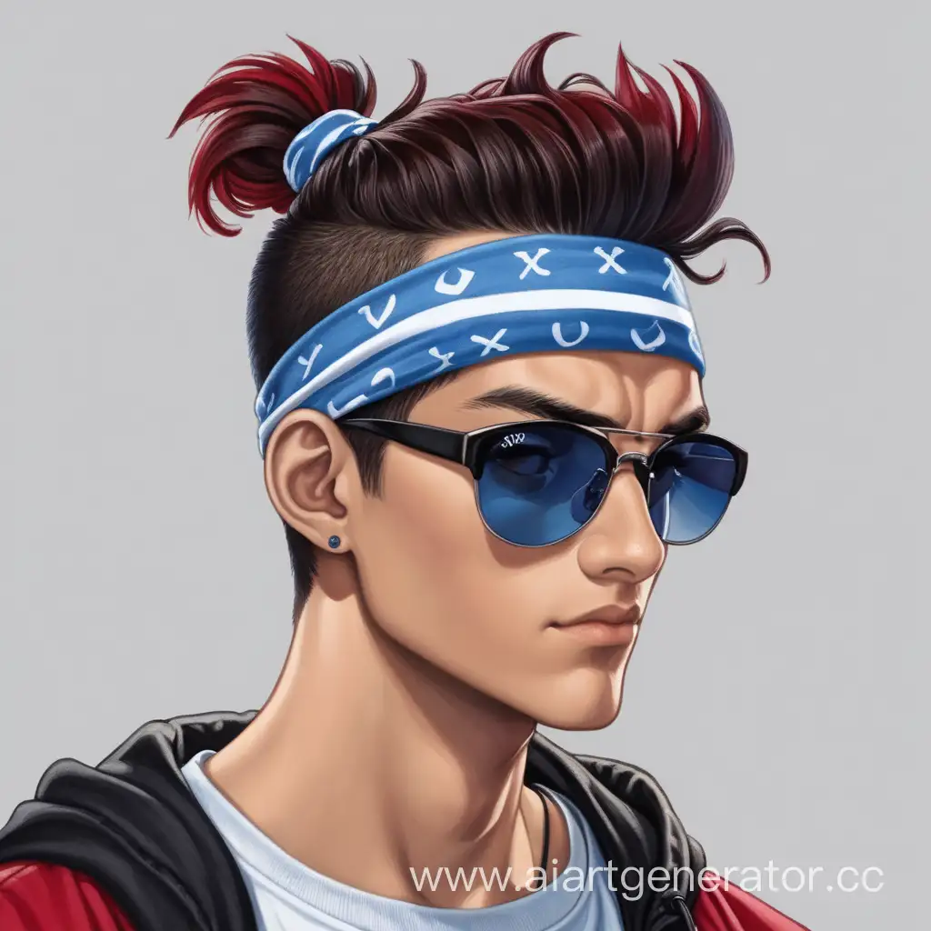 Young-Man-with-Shaved-Sides-and-Ponytail-Red-TShirt-and-Blue-Sunglasses
