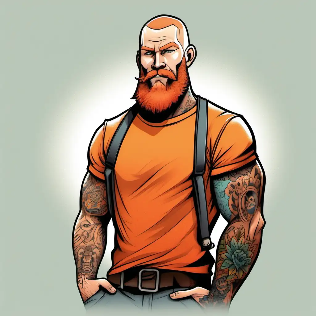 Cartoon Style Muscular Man with Buzz Cut and Sleeve Tattoos