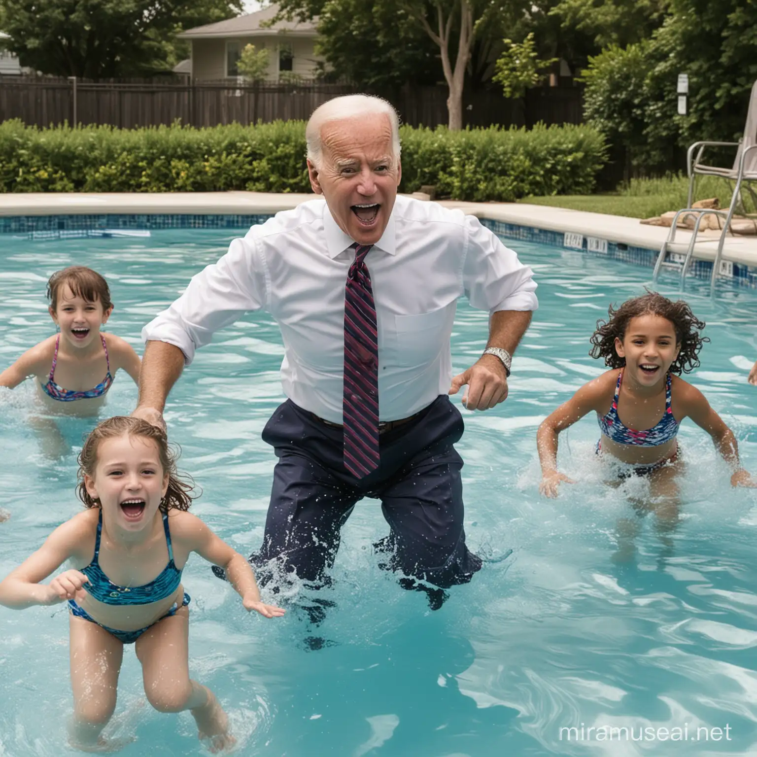 Joe Biden chasing children in a swiming pool