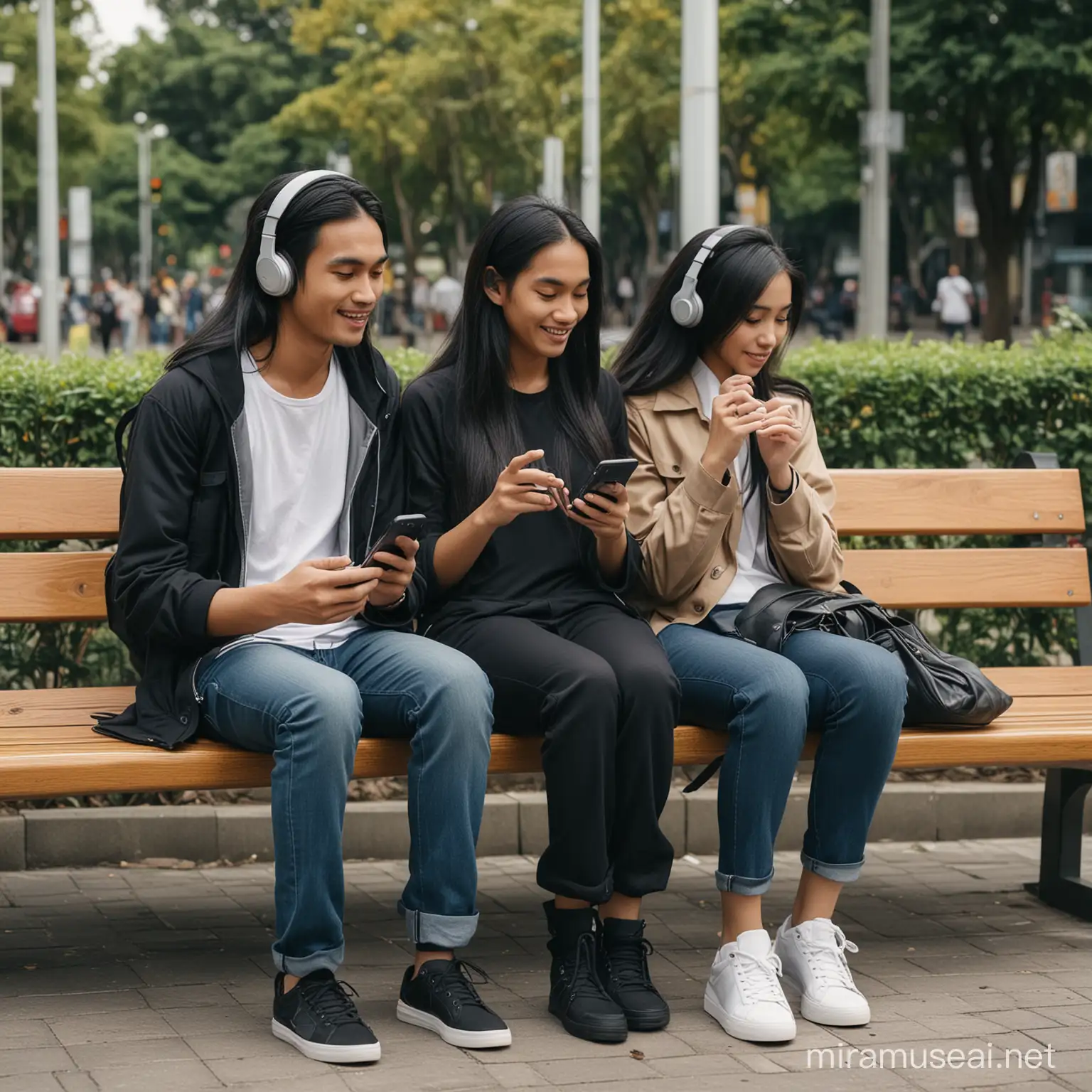 A modern-day urban scene of a young malay couple ,a malay woman with long black hair and a man with long black hair sitting on a bench, listening to music on her phone with headphones,the woman holding a smartphone in one hand, a bag beside her, both man and woman wearing long sleeves and pants, detailed realism, square orientation. --s 150 --ar 1:1 --c 5
