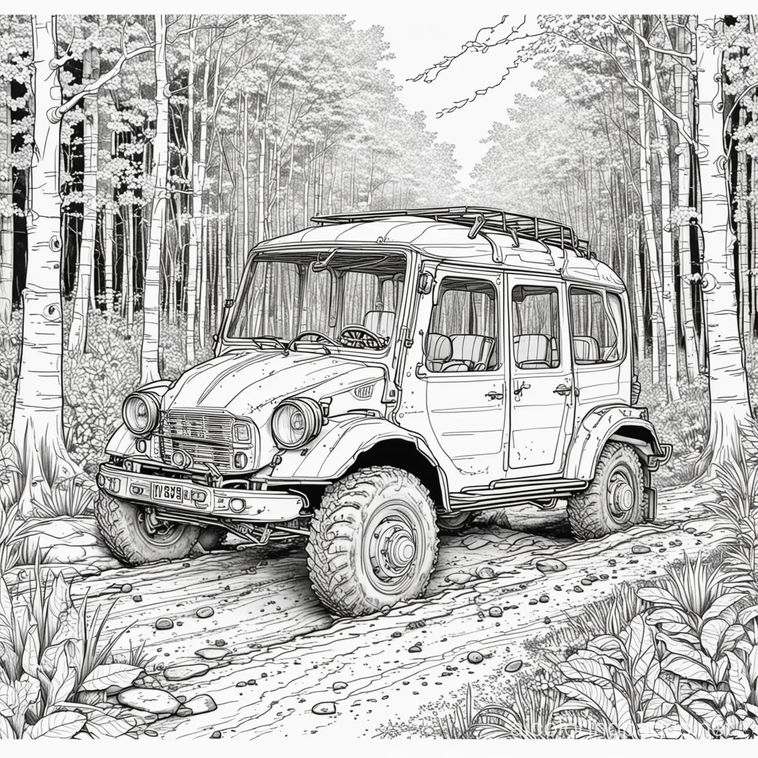 buggy buss in the forest mud, Coloring Page, black and white, line art, white background, Simplicity, Ample White Space. The background of the coloring page is plain white to make it easy for young children to color within the lines. The outlines of all the subjects are easy to distinguish, making it simple for kids to color without too much difficulty