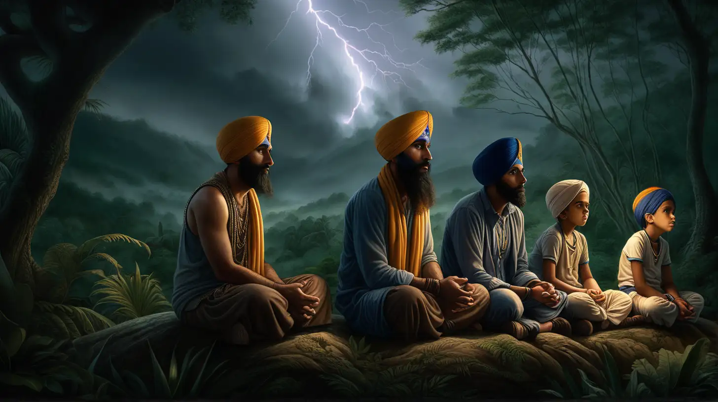 A Sikh family sitting in the jungle in prayer, 4 turban boys, grandmother and father, Dark, gloomy, lightning strikes in the background, harsh jungle, chiaroscuro enhancing the intricate details, in a digital Rendering “v6”