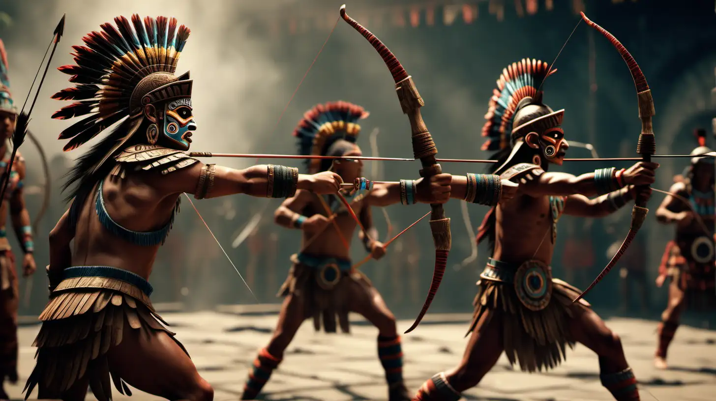Guerreros aztecas disparando flechas,año 1492,imagen ultra realista, iluminación cinemática,alta definición,8k