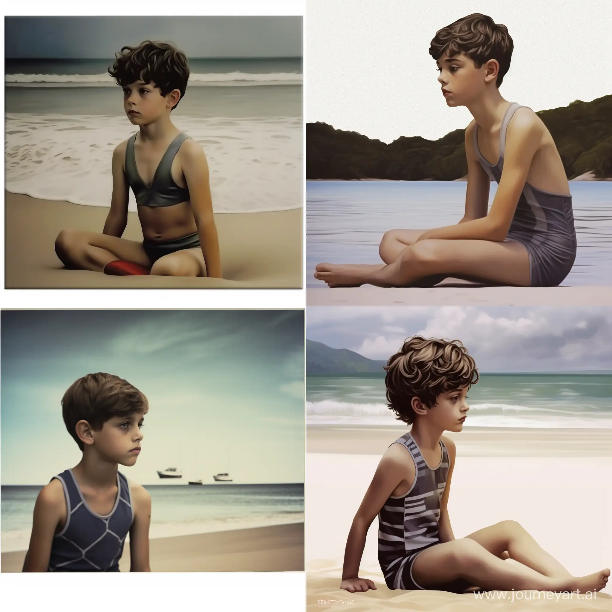 Photo realistic boy sitting on a beach in swimsuit