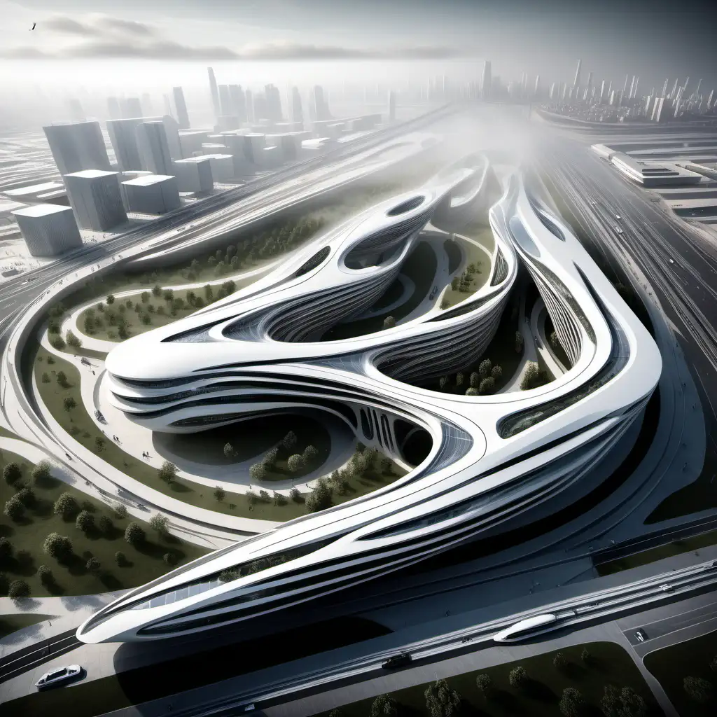 Zaha hadid  one story interconnected buildings 
Different sizes and heights
Entrance for highway train and yots
Fog rectangular island 