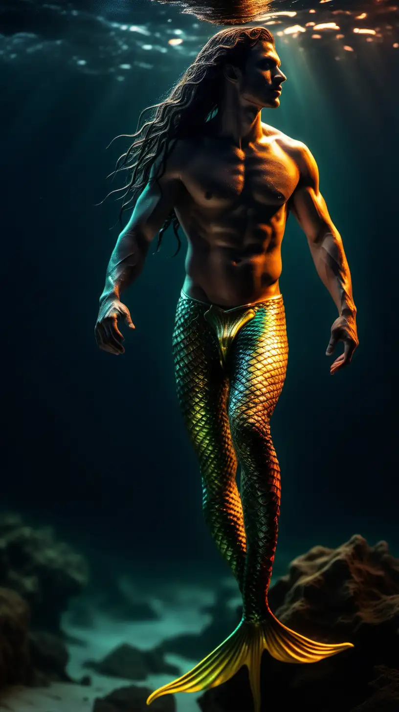 male Brazilian wet neon mermaid body Prompt /imagine prompt : An ultra-realistic photograph captured with a canon 5d mark III camera, equipped with an 85mm lens at F 1.8 aperture setting, portraying male athlete mermaid body with tail. The background is under the sea, dark with soft yellow light highlighting the subject. The image, shot in high resolution and a 9:16 aspect ratio, captures the subject’s natural beauty and sexuality with stunning realism Soft spot light gracefully illuminates the subject’s body, highlighting the body, casting a dreamlike glow. make it really realistic and detailed --ar 9:16 --v 5.3 --style raw 