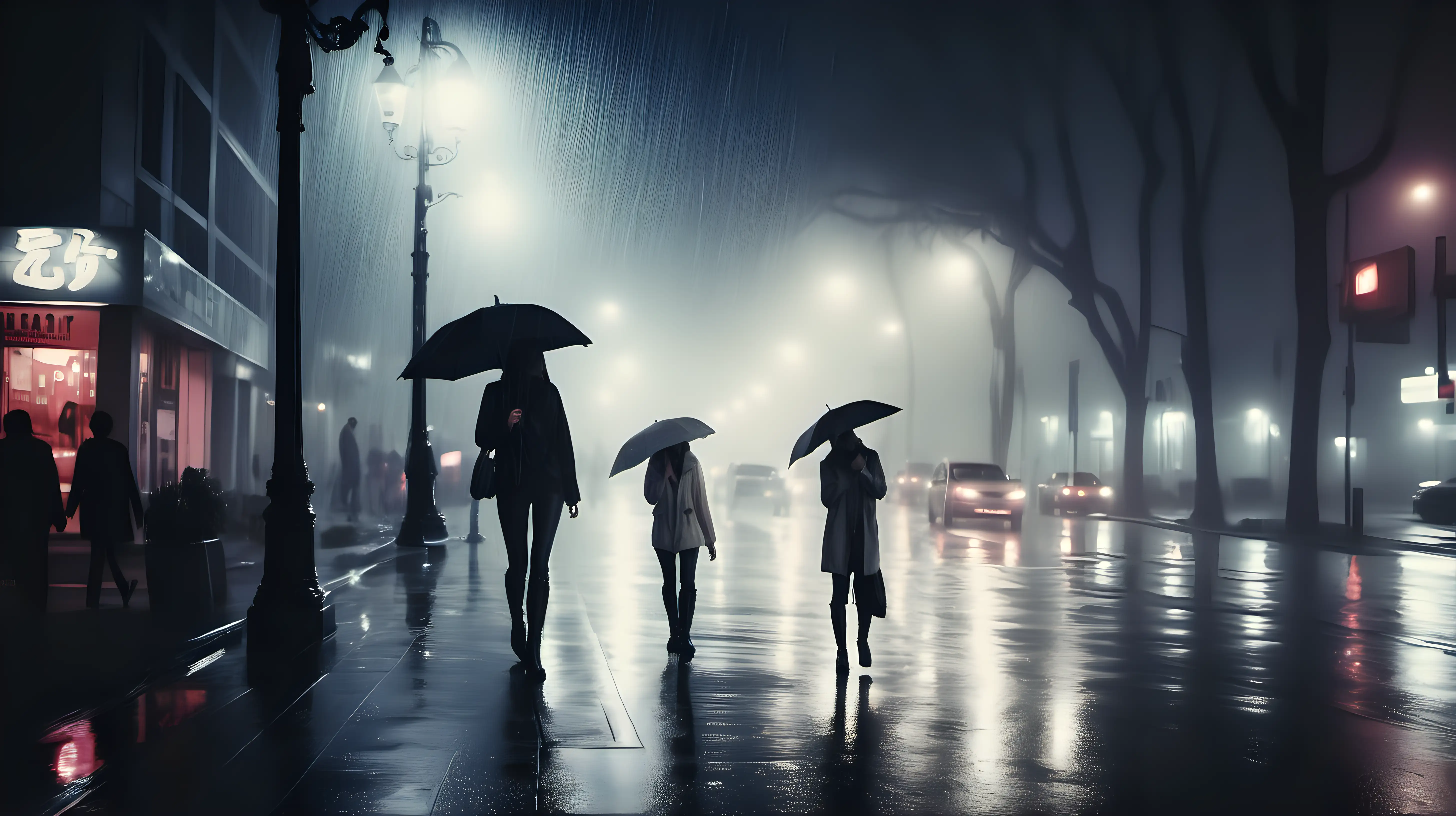Urban Night Rain Women Strolling on City Sidewalk amid Soft Glow and Glistening Streets