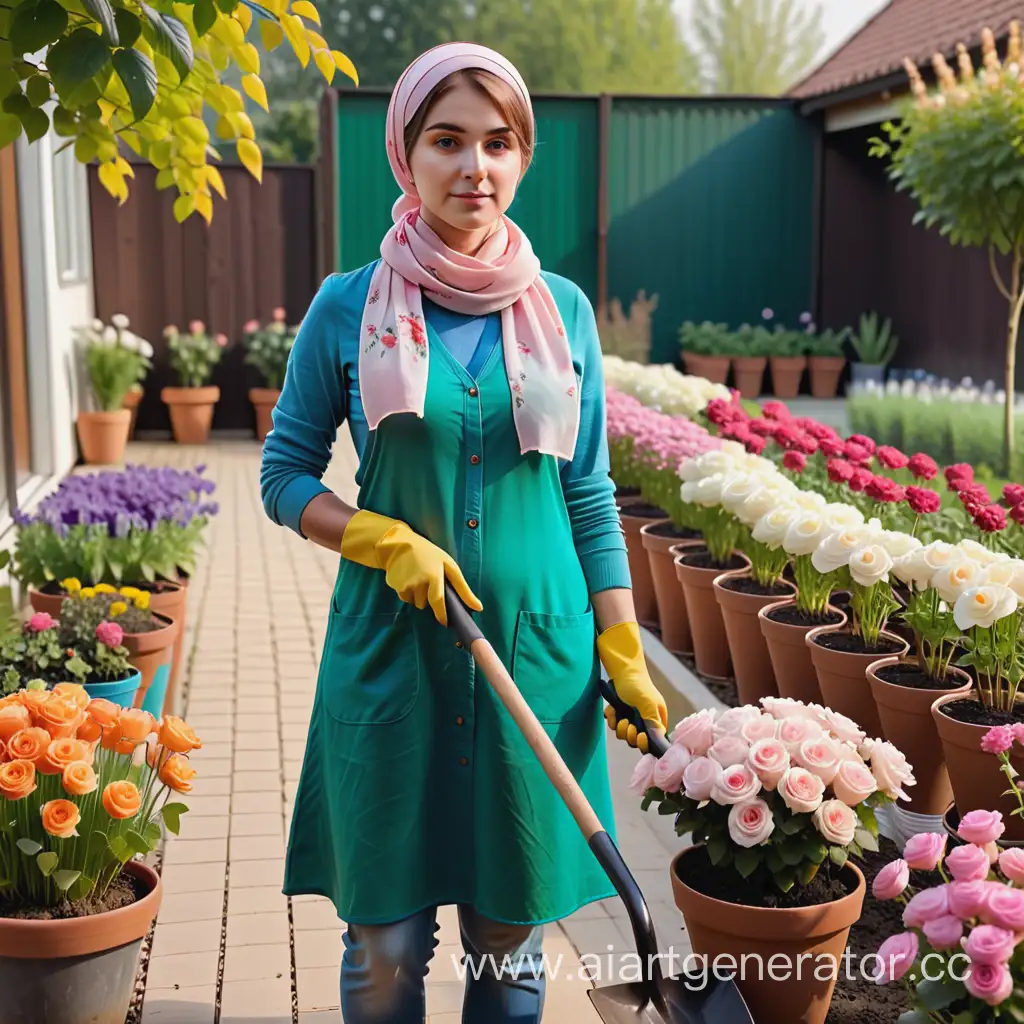 Woman-Gardener-with-Shovel-and-Rake-Amid-Potted-Flowers