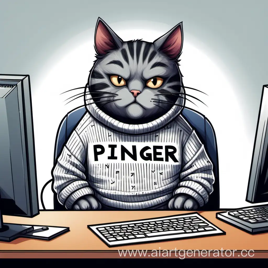Нарисуй криминального кота сидящего за компьютером, у которого на кофте написано PINGER
