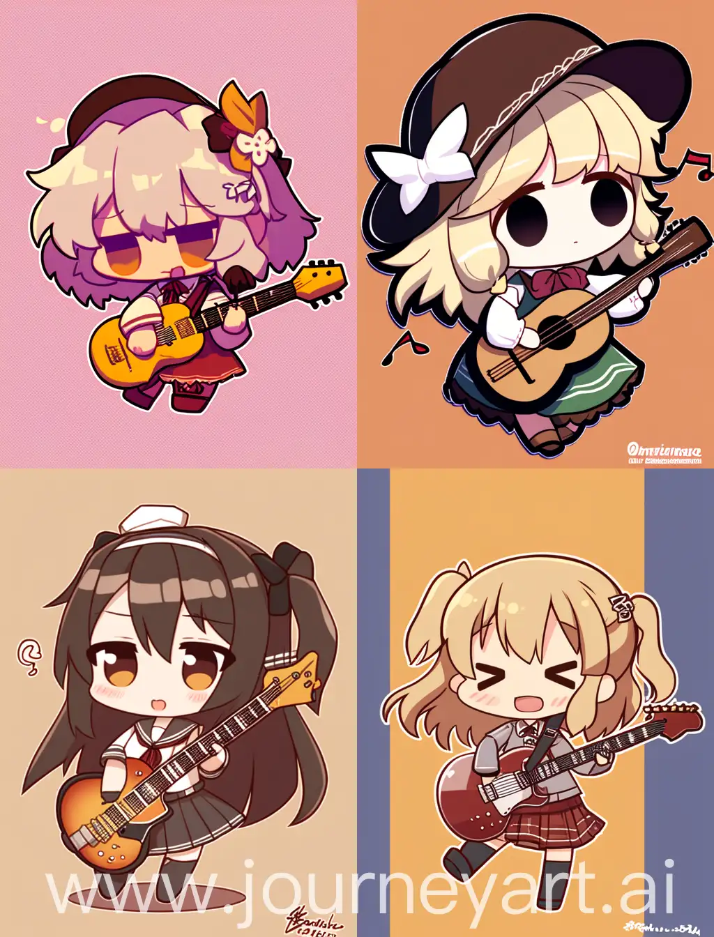 chibi anime girl, playing guitar, with brown solid background, strong lines