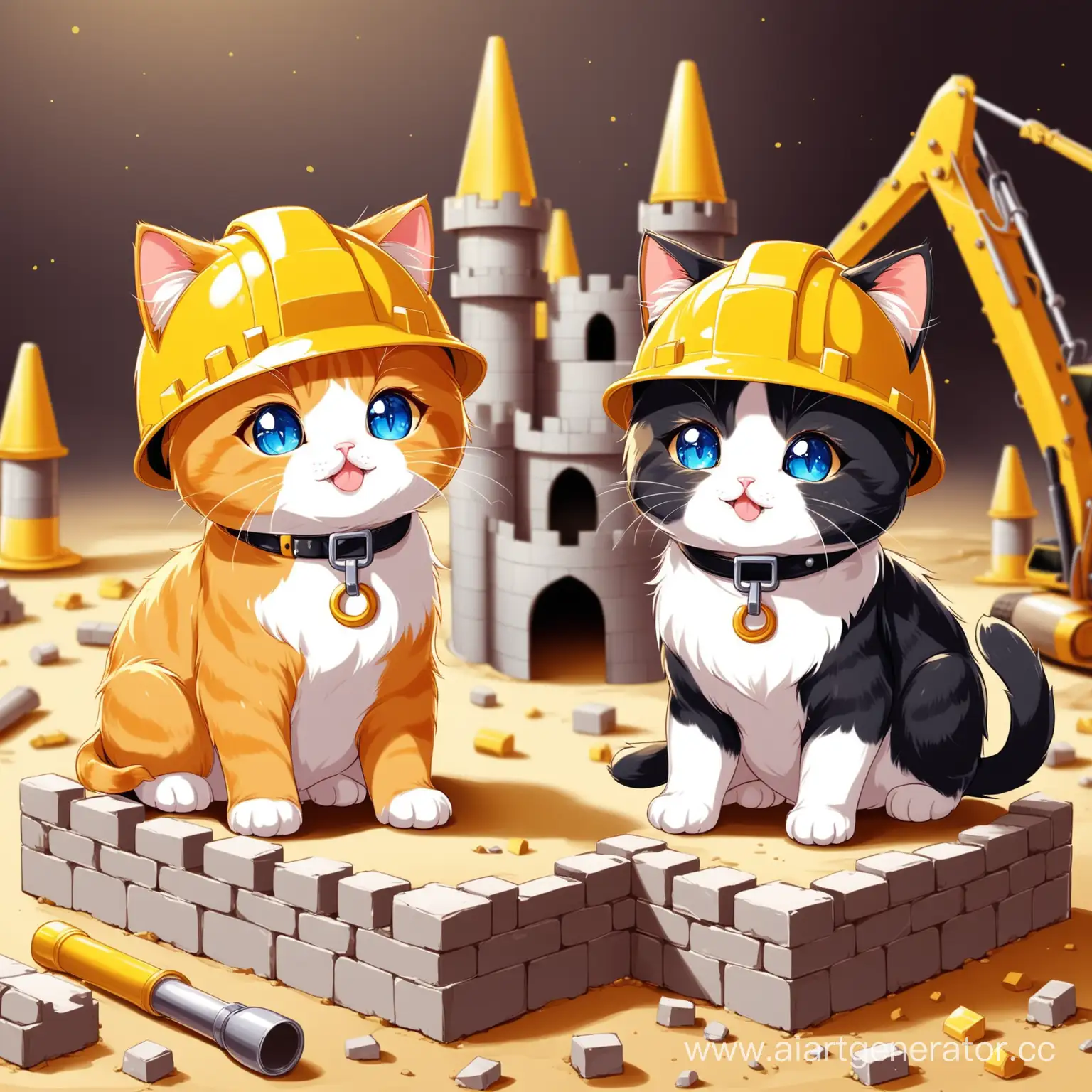 two cute cats in construction helmets build a castle