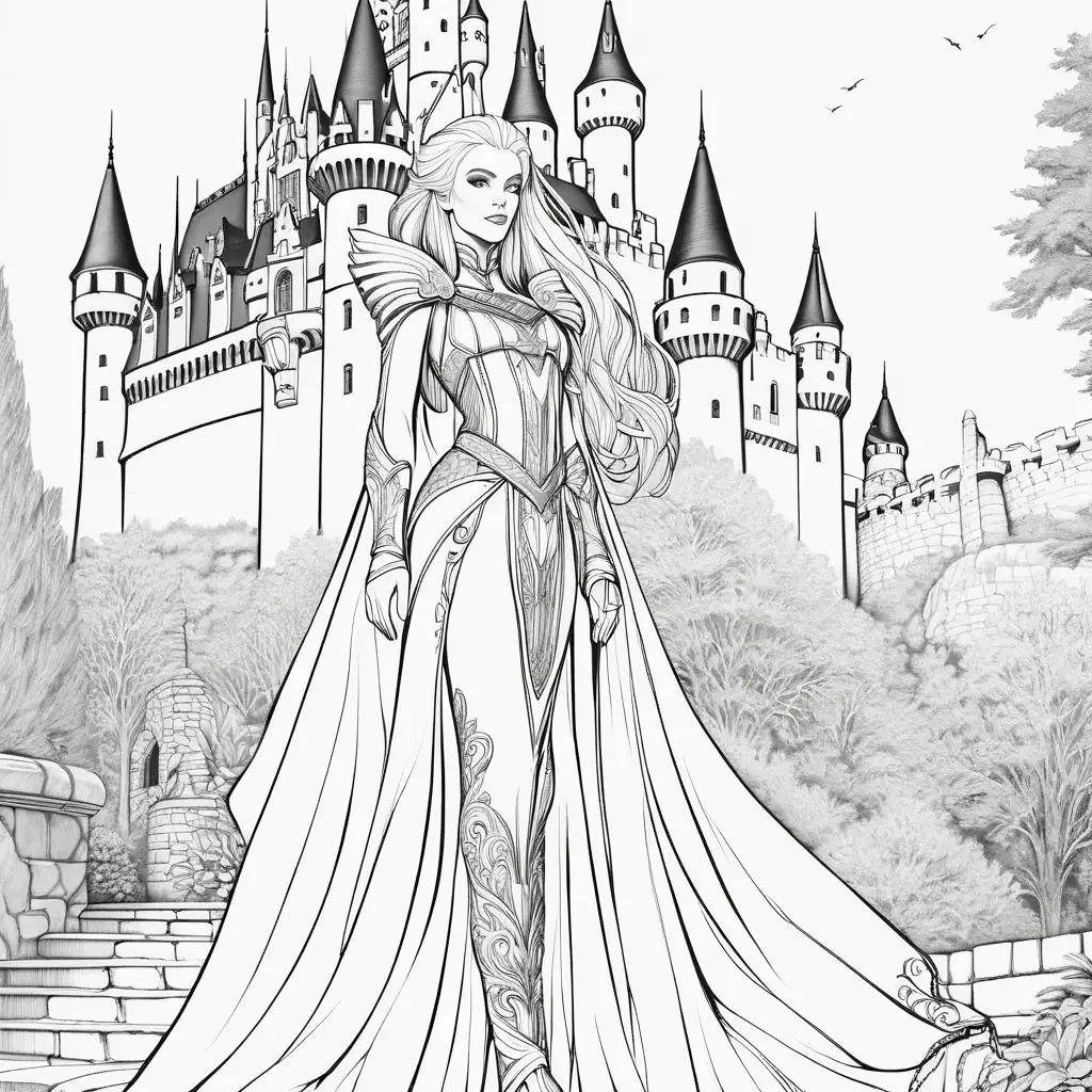 Coloring book image. Black and white. Outline only. Highly detailed. Clean and clear outlines that allow for easy coloring. Ensure the design provides ample space for creativity and coloring. High fashion high fantasy queen with white hair standing in front of castle.
