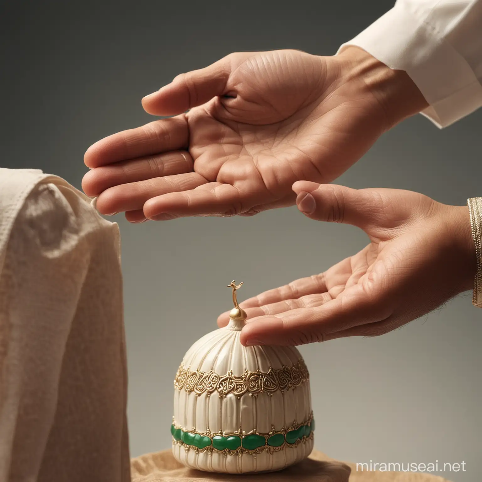 Generate an image of muslim hand putting giving to the needy