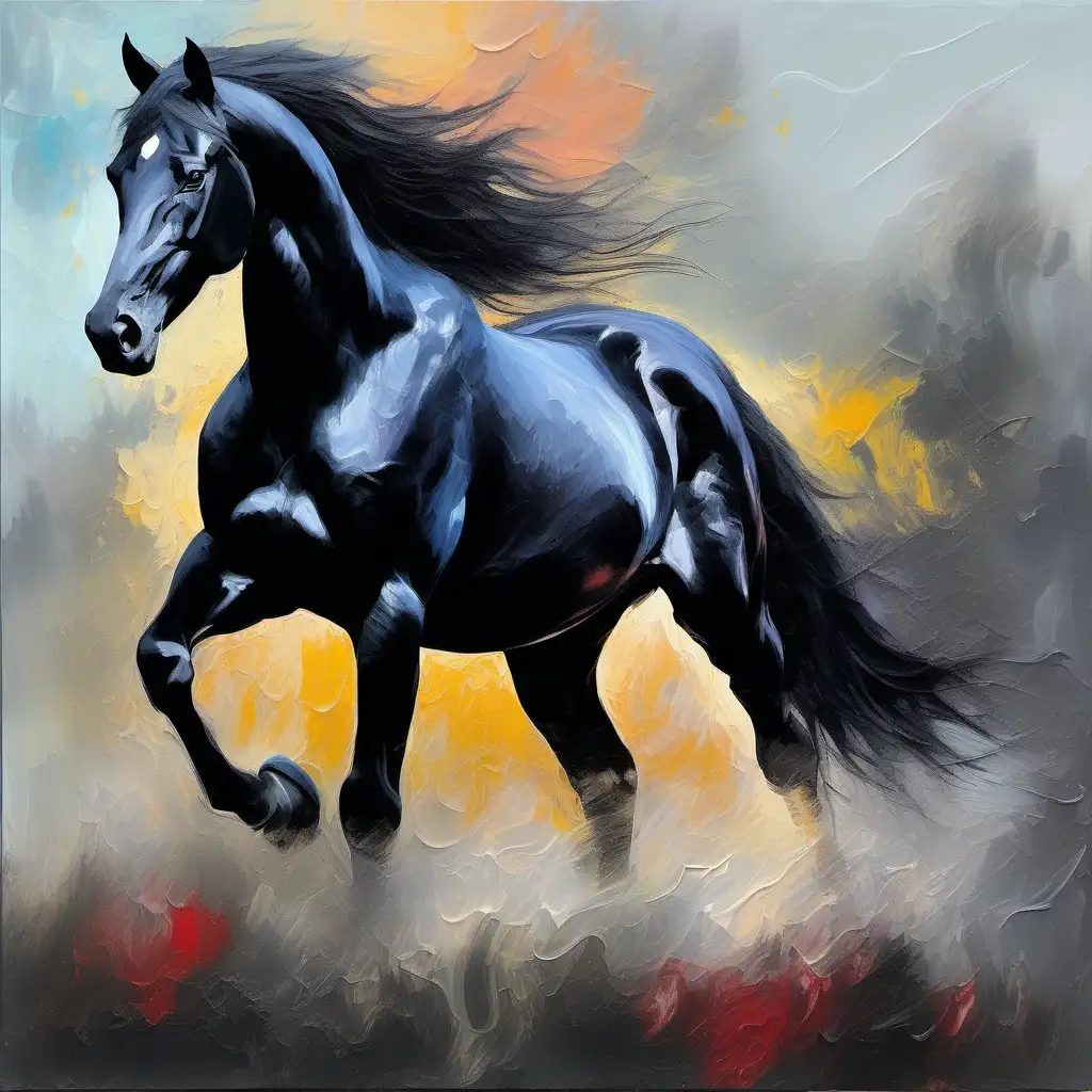 dreamlike, foggy surroundings, translucent glazes and thick impasto, luminous and dynamic effects, romantic, atmospheric, and expressive, bold brushstrokes and vibrant colors to capture the power and beauty of nature, a black horse is vaguely visible 