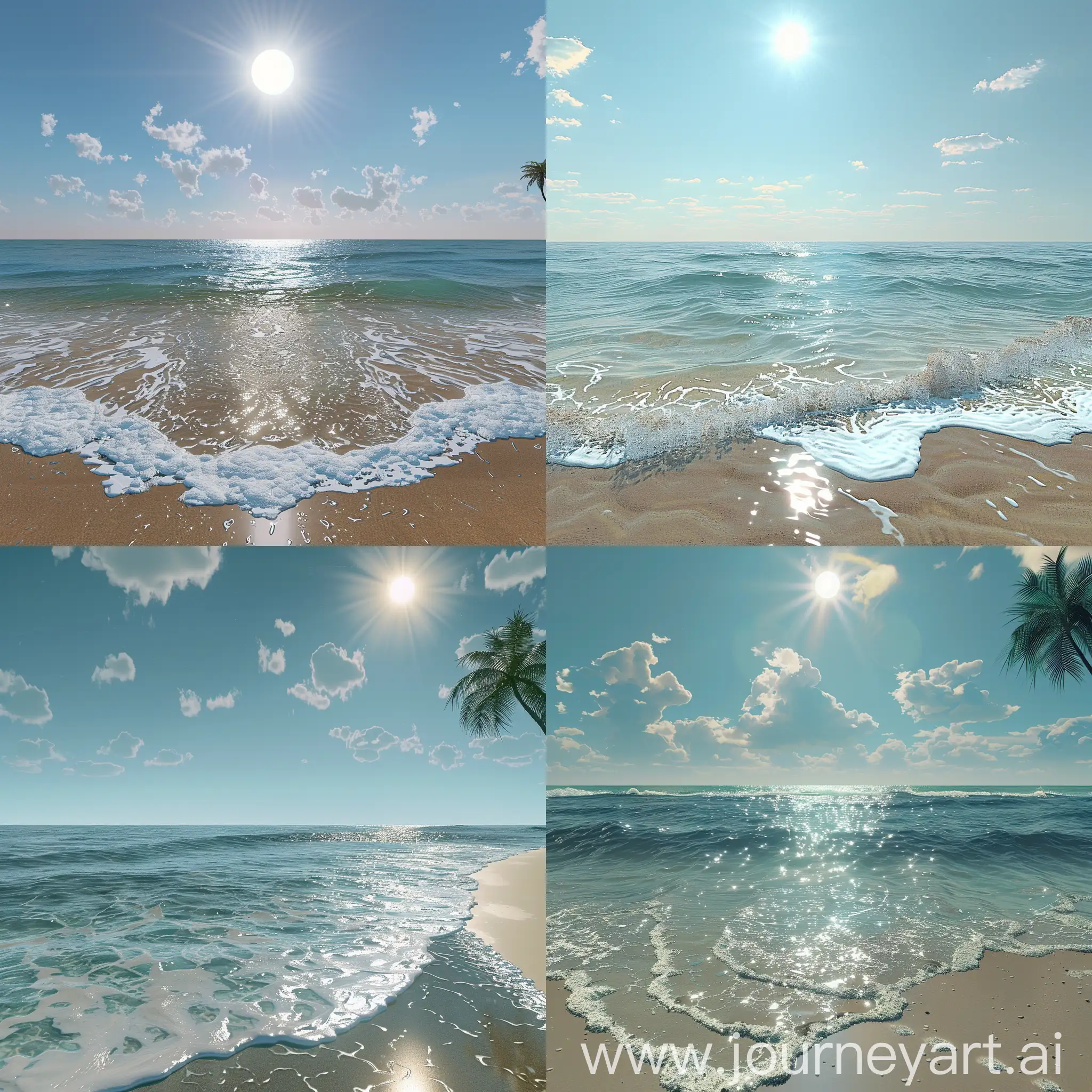 пляж, вода, море, фронтальный вид, полдень, стилизация, 3D сцена, без людей, небо, солнце, без пальм