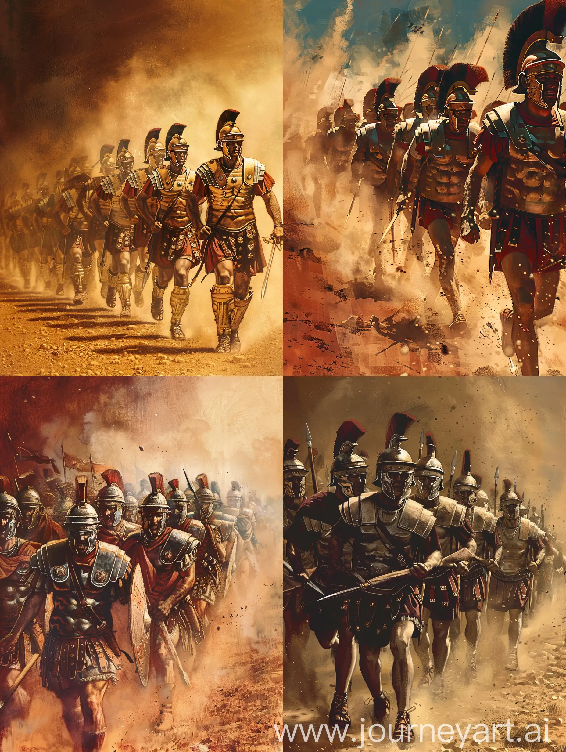 Roman Soldiers marching at battle field, dust, action, illustration by Aaron Horkey