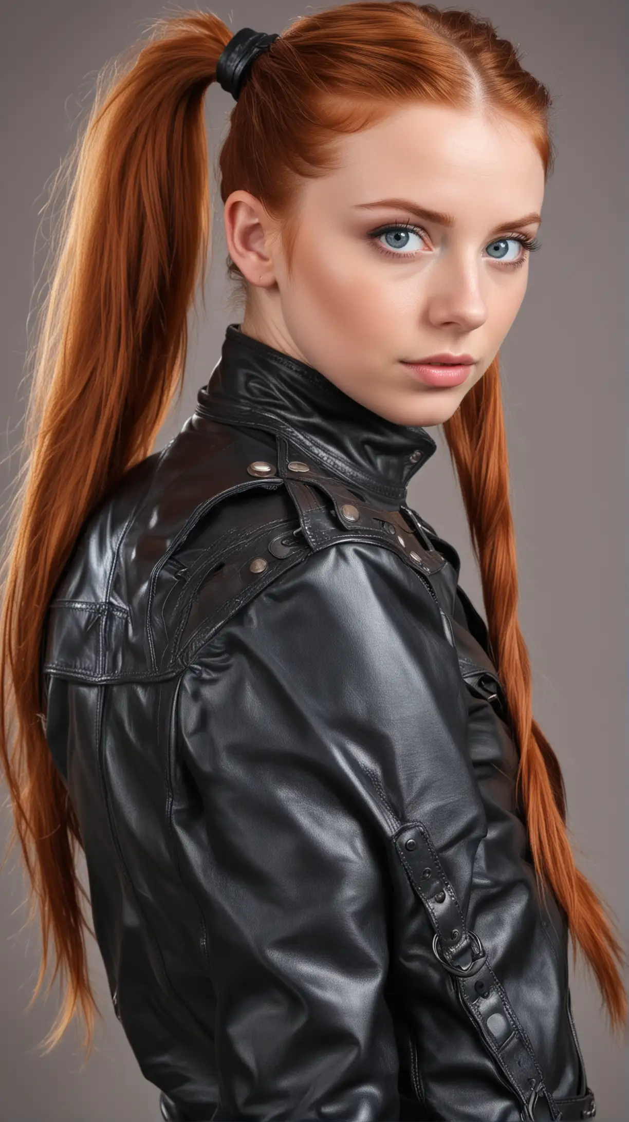 Cheerful Young Redhead Girl with Blue Eyes and Ponytails in Heavy Leather Attire