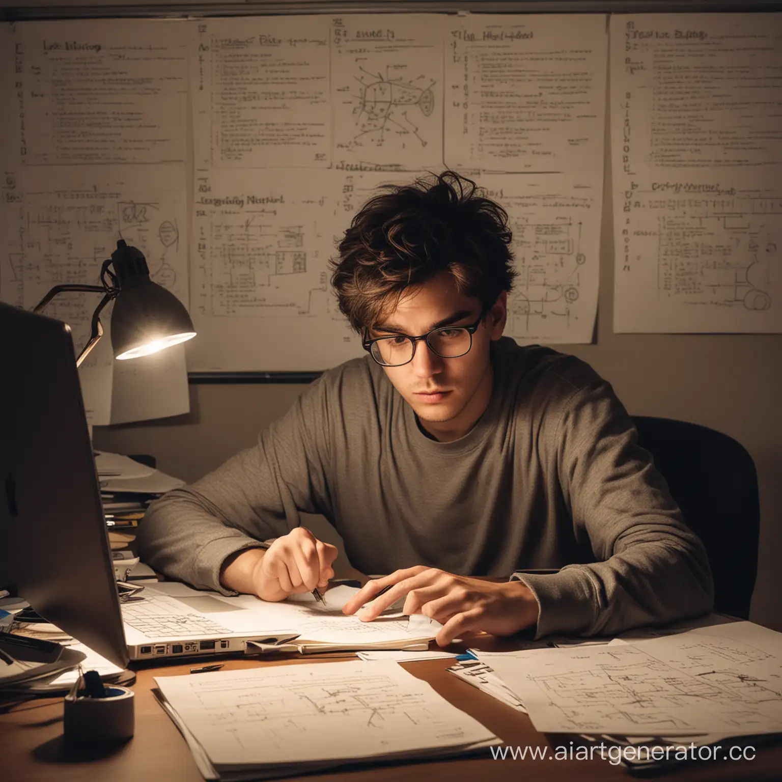 Уставший студент в очках, взъерошенными волосами и с кругами под глазами, который сидит в темной комнате, где горит настольная лампа. Он одной рукой программирует, сидя за компьютером, а другой рукой пишет в тетради, а вокруг него летает много различных бумажек, на которых нарисованы инженерные схемы. 