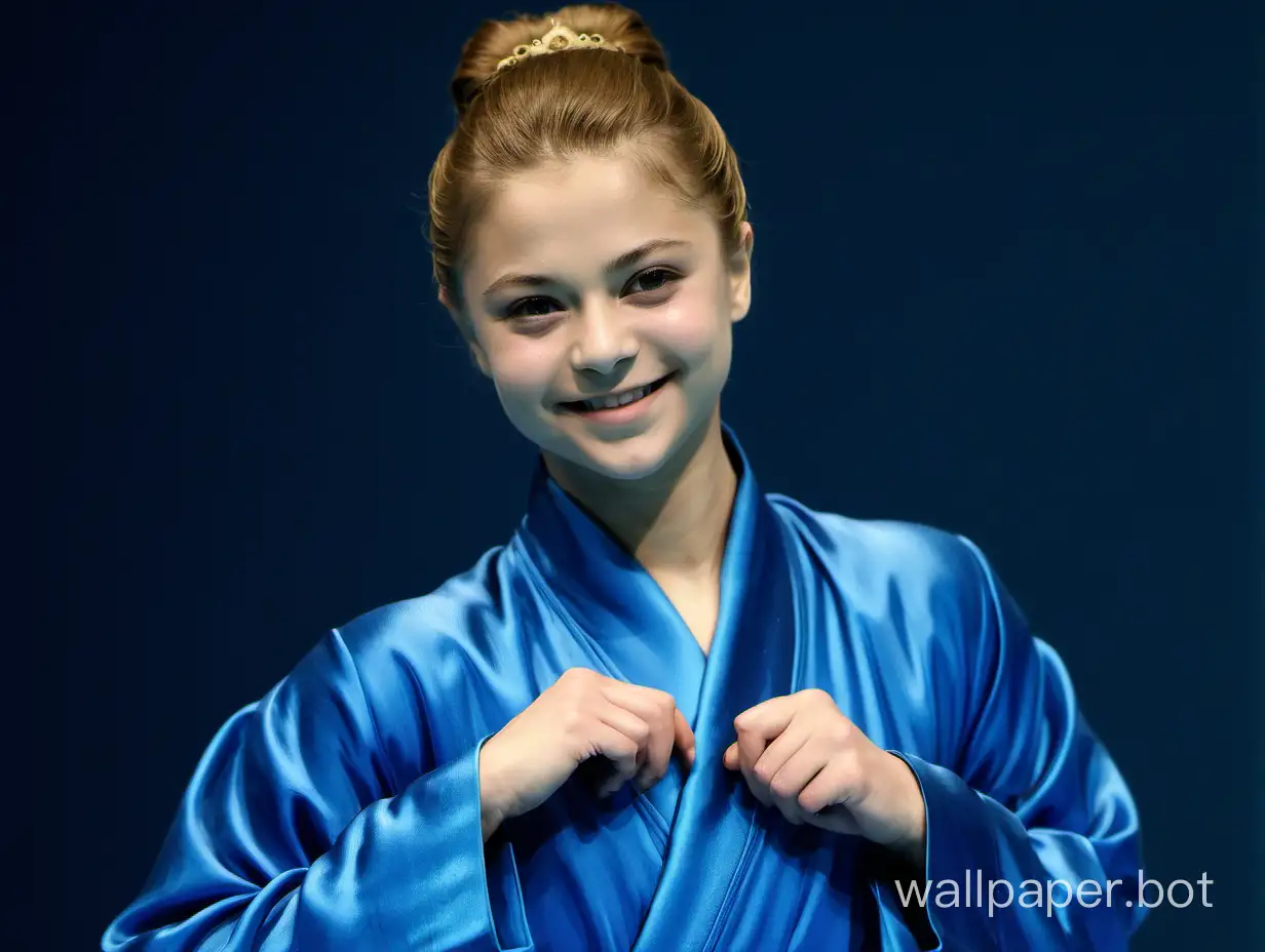 Yulia Lipnitskaya is smiling in a blue silk robe