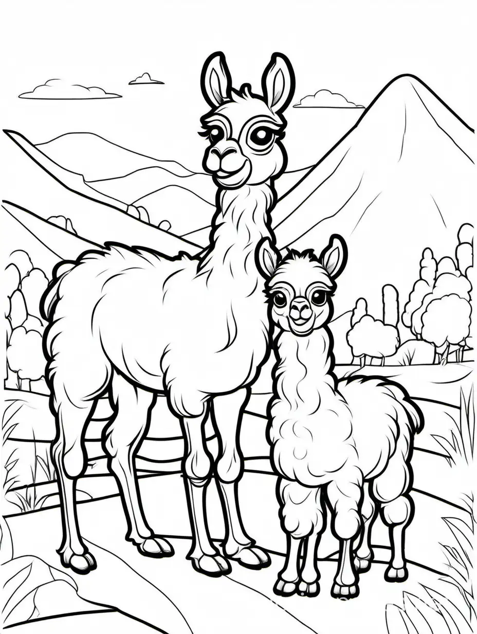 cute lama with his cria for kids, Coloring Page, black and white, line art, white background, Simplicity, Ample White Space. The background of the coloring page is plain white to make it easy for young children to color within the lines. The outlines of all the subjects are easy to distinguish, making it simple for kids to color without too much difficulty