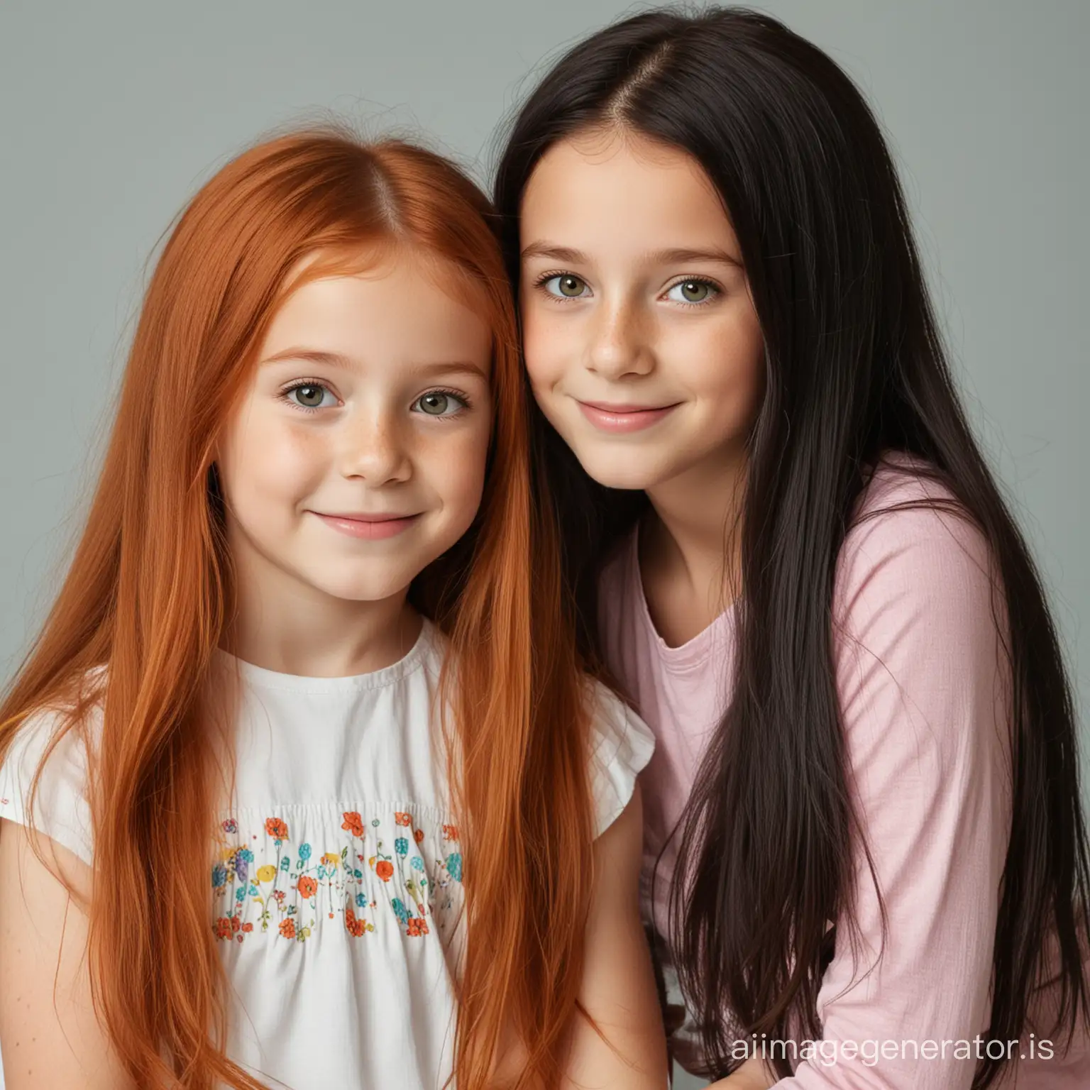 Une fille de 5 ans avec des cheveux roux long et sa sœur de 8 ans avec des cheveux noirs 