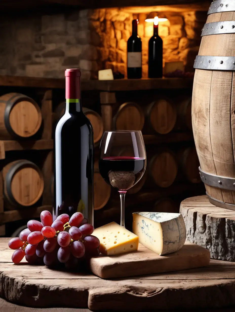 rustic wine cellar in the background, red grapes, wine glass, wine bottle, no lable,  rustic wood table, cheese.
