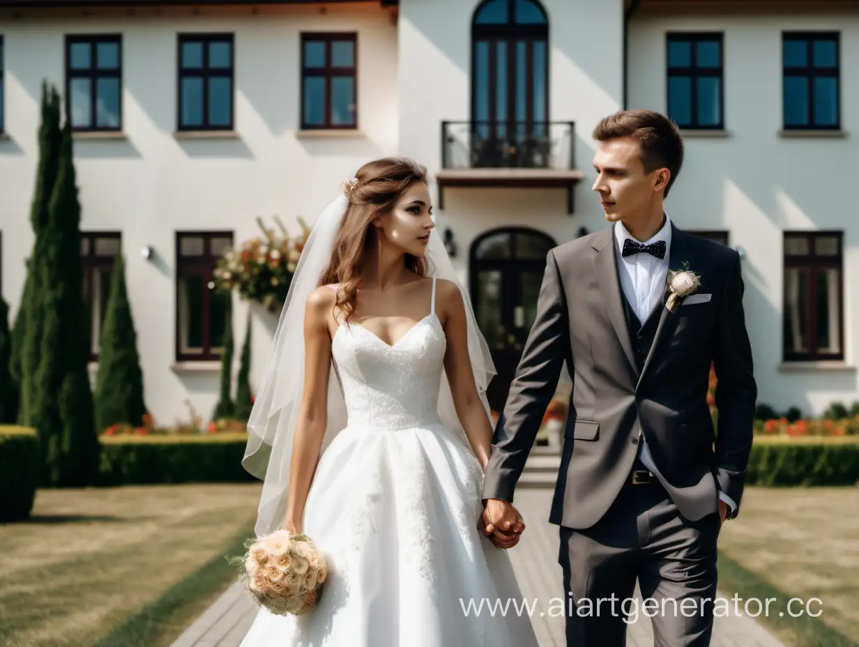 Фотография свадебная летом возле большого дома жених и невеста идут вместе стройные красивые европейский тип лица 