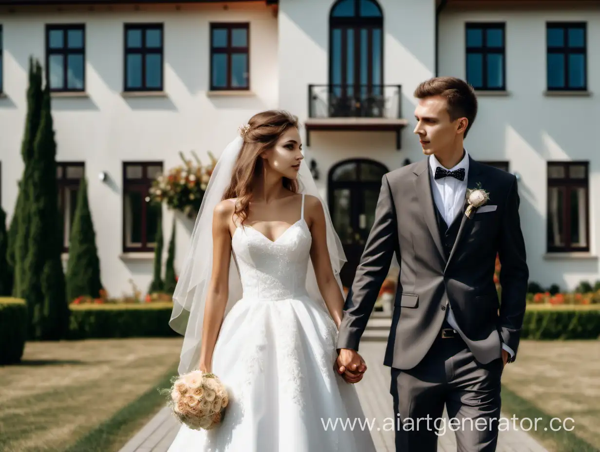 Summer-Wedding-Photo-Elegant-Bride-and-Groom-Stroll-Near-Stately-Mansion