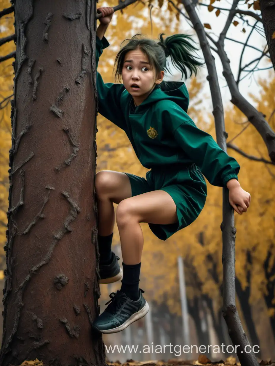 Brave-Kazakh-Girl-Escapes-Angry-Dog-Climbing-Tree-in-Autumn-Slush