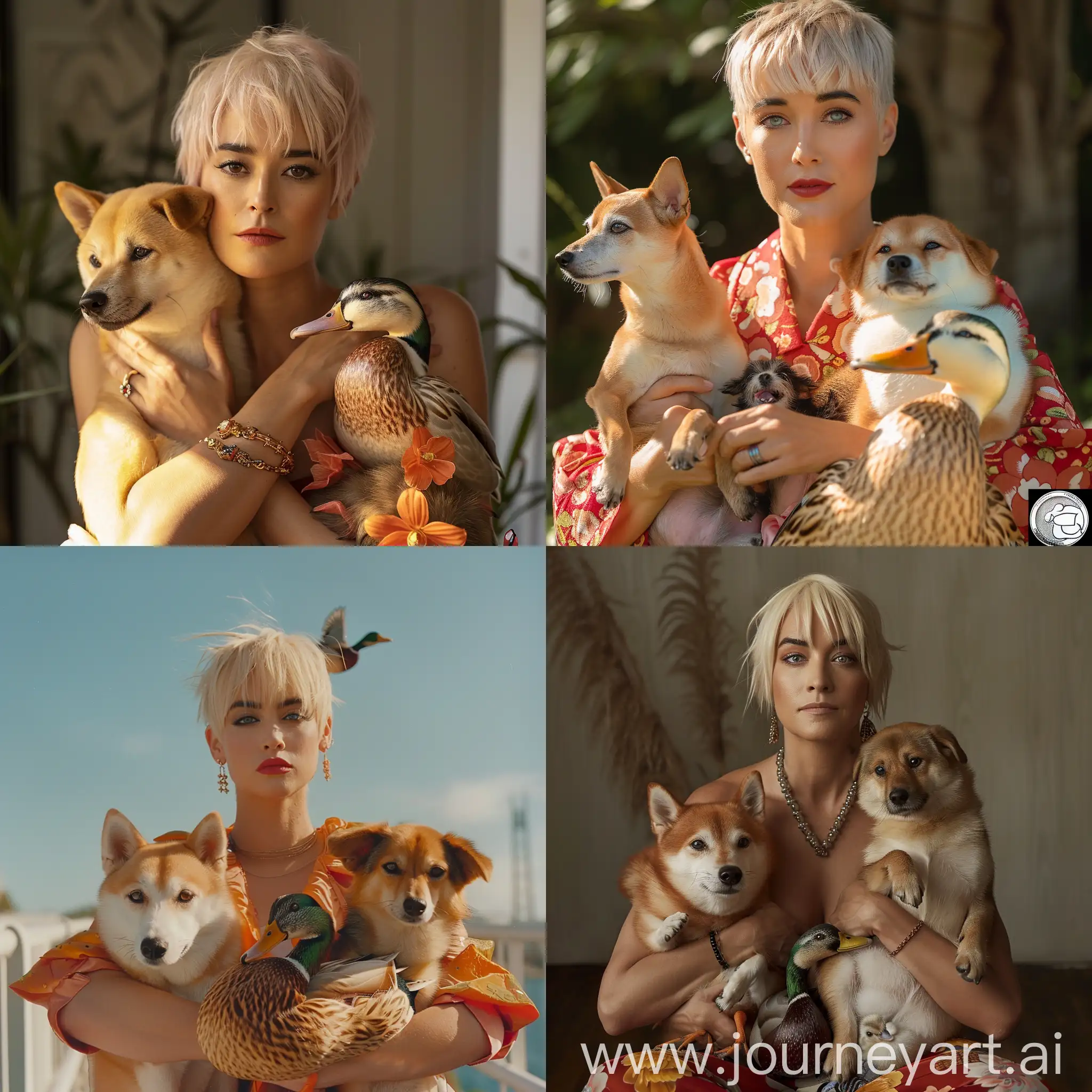 Katy Perry holding a Shiba Inu and a Duck in her arms