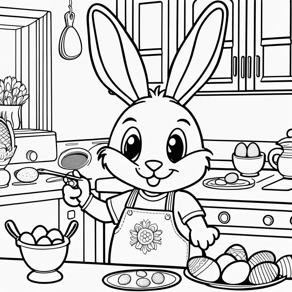 colouring book  black and white image cute cartoon happy eastern bunny is in his cute kitchen wearing Eastern Egg apron and preparing a recipe for chocolate eggs