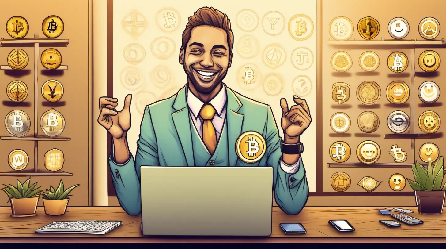 Create an image capturing the essence of JOMO (Joy of Missing Out) by depicting a happy crypto trader and add the watermark Progenius TO TOP LEFT CORNER