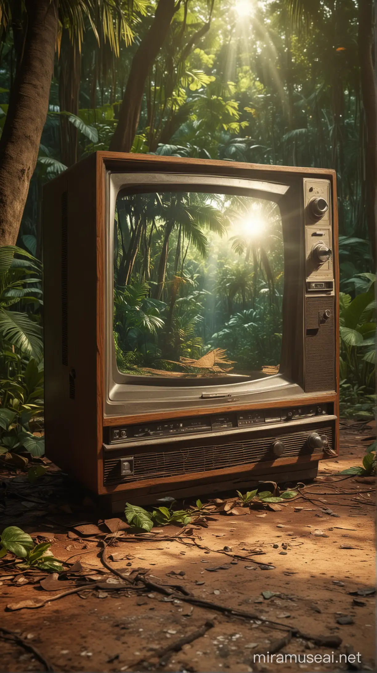 uma televisão antiga de 1970 no chão de uma floresta tropical, visão de frente, encantada, magica, iluminação, ray tracing, glow
