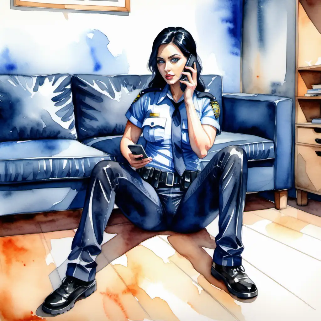 Sexy 
police woman with black hair, blue eyes, big butt and thick legs, fair skin, in a dark uniform, pants and shirt, sitting on the floor of a living room with a cell phone in her hand. Watercolor