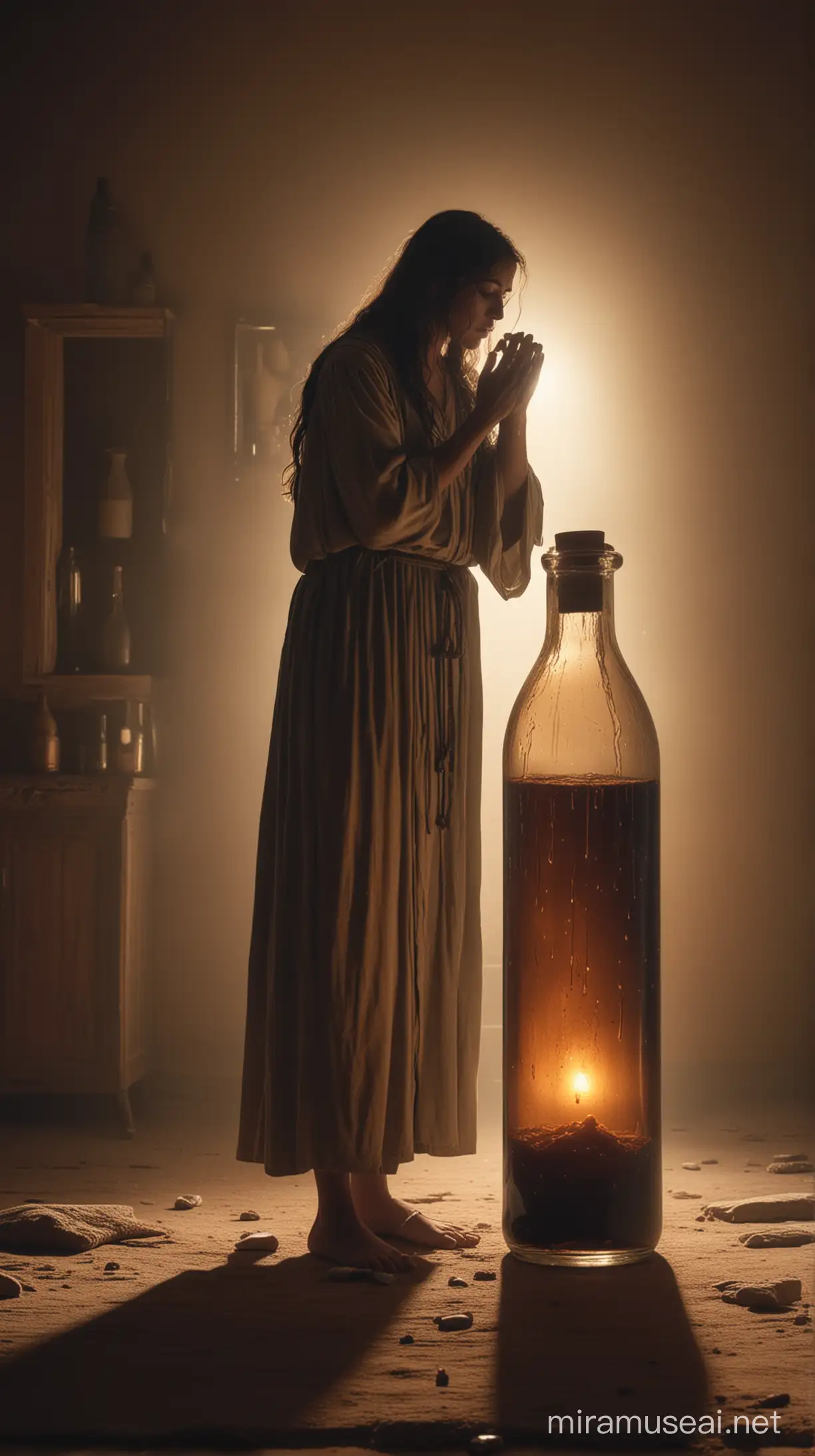 A person standing in a dimly lit room, tears streaming down their face, with a soft glow illuminating a bottle filled with tears, representing God's collection of sorrows in ancient world  