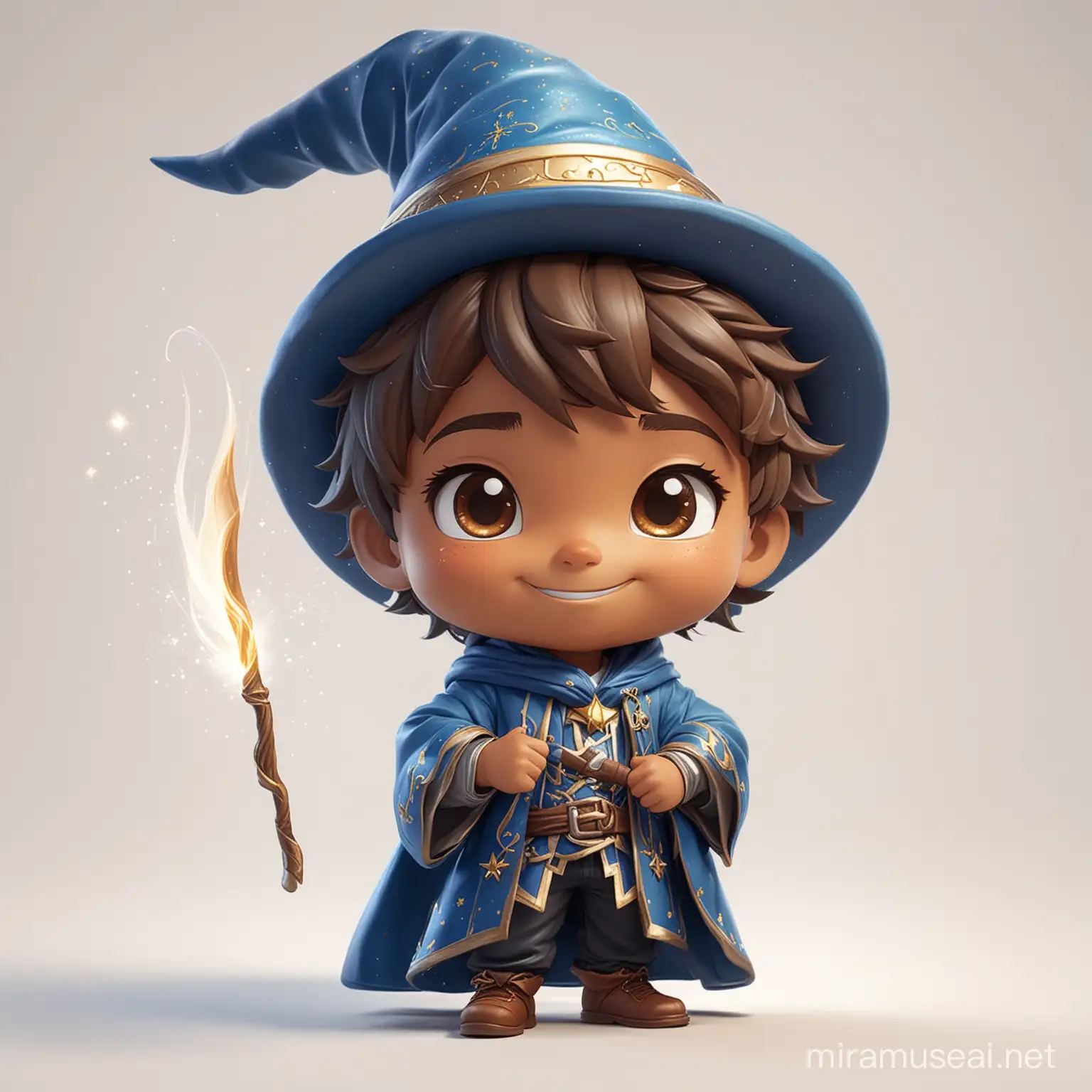 male child magical wizard smiling medium brown skin wearing blue on a white background full body chibi style