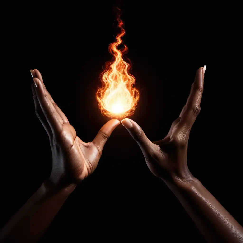 In the visual composition, portray a scene featuring the hands of a light-skinned Black woman. The focus should be on her two hands, cupped together, set against a black background. Within this imagery, illustrate the act of the hands launching a fireball towards the screen.