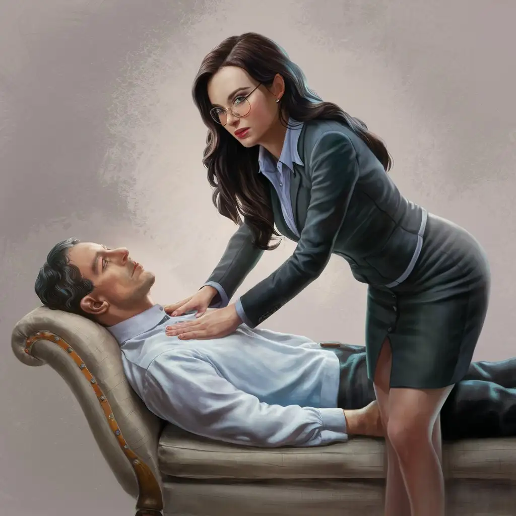 Realistic, Beautiful female therapist, long dark hair, glasses, business skirt, pointy heels, leaning over male patient, chaise lounge, hypnotized, detailed, 