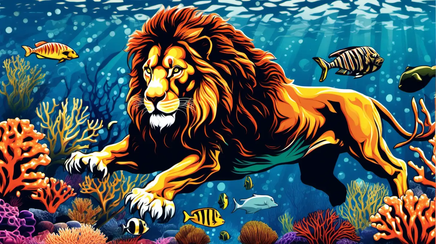 Graceful Lion Swimming Among Vibrant Coral Reefs and Marine Life