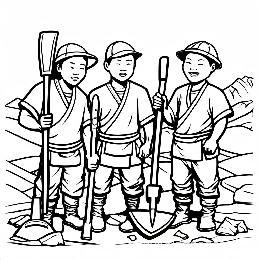 four chinese archeologists dig with shovels and axes together, Coloring Page, black and white, line art, white background, Simplicity, Ample White Space. The background of the coloring page is plain white to make it easy for young children to color within the lines. The outlines of all the subjects are easy to distinguish, making it simple for kids to color without too much difficulty