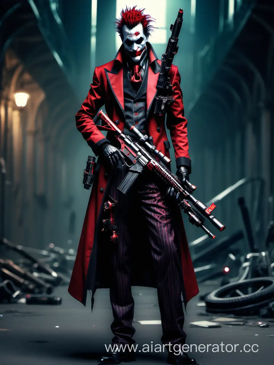 Grim french Joker in black and red Victorian Gothic suit mixed with cyberpunk.
He har cyberpunk revolver with scope and huge sniper rifle.