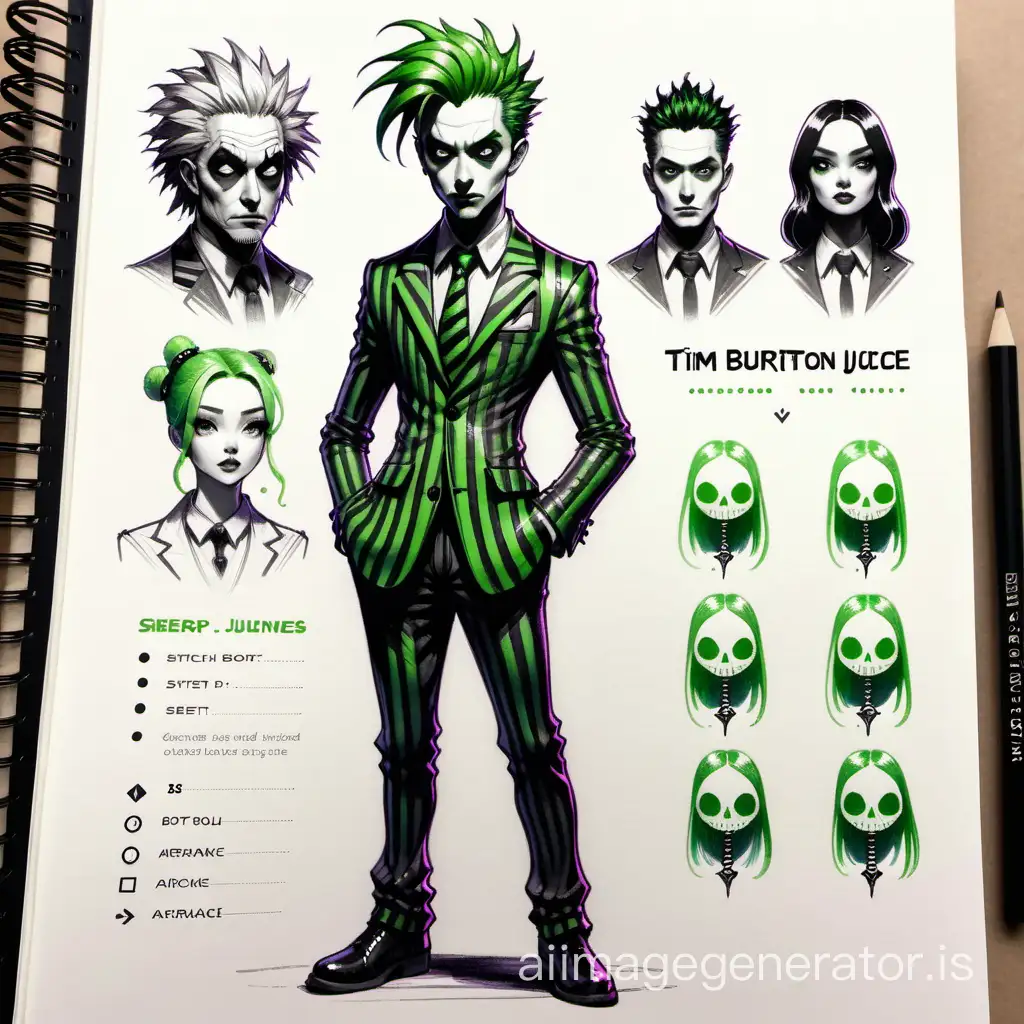 Sketchbook Style, Sketch book, hand drawn, dark, gritty, realistic sketch, Rough sketch, mix of bold dark lines and loose lines, bold lines, on paper, turnaround character sheet, tim burton beetle juice, green hair, black and white stripped suit, Full body, arcane symbols, runes, dark theme, Perfect composition golden ratio, masterpiece, best quality, 4k, sharp focus. Better hand, perfect anatomy. 