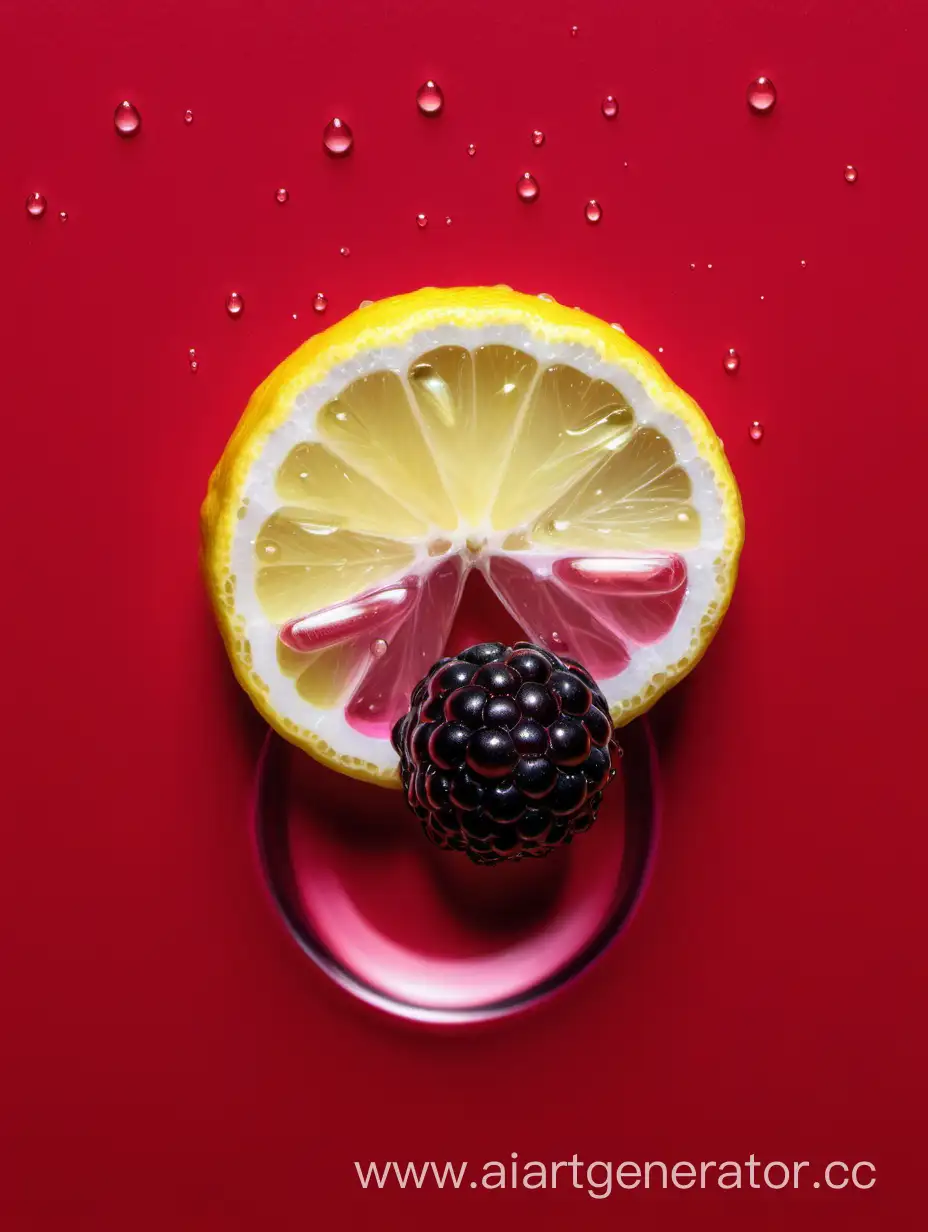 Vibrant-Boysenberry-and-Lemon-Slices-in-Water-Drop-on-Red-Background