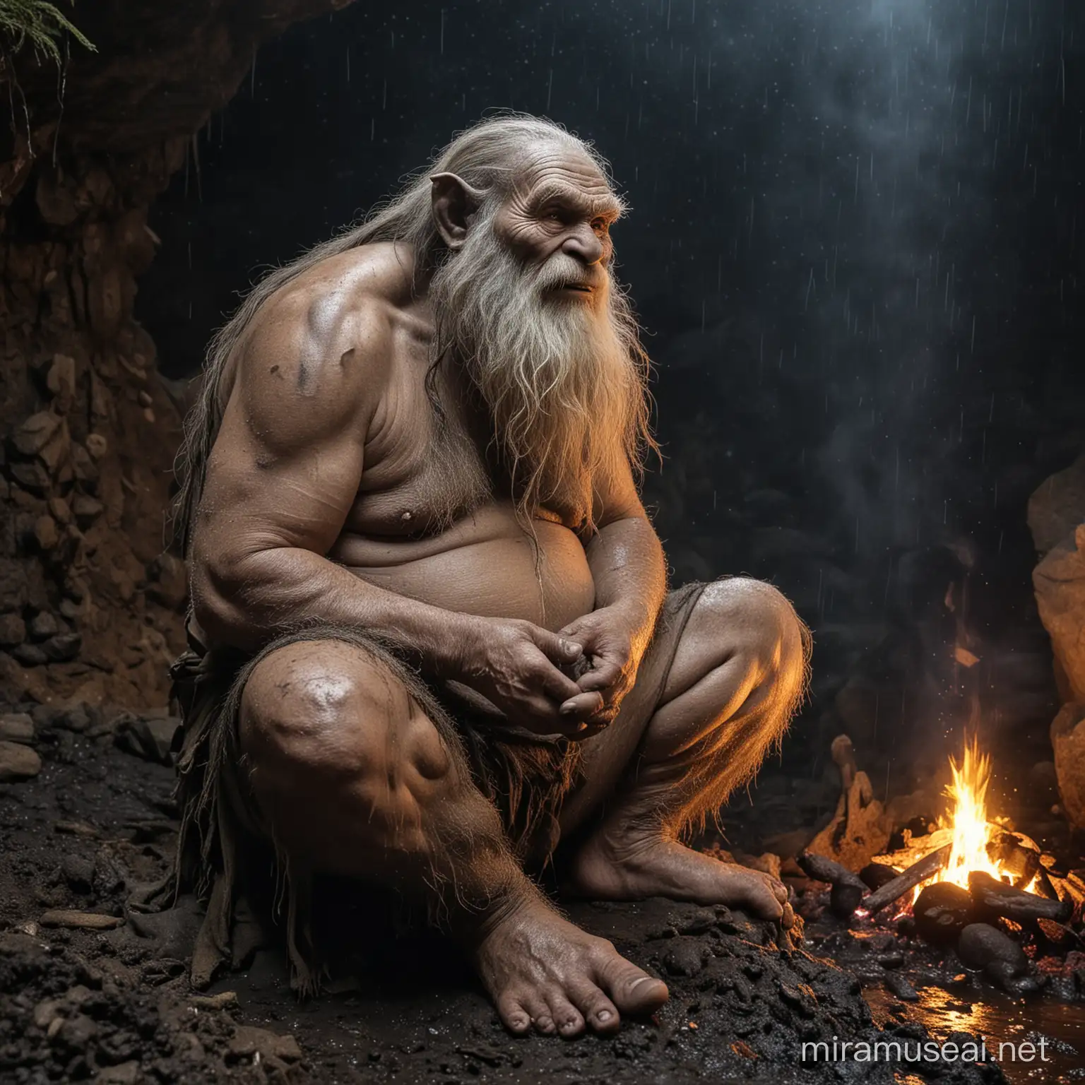 troll,forest cave,at midnight,bonfire,large feet,large hand,loincloth,dumpy,chubby,primitive,hairy,long beard,old age,sitting on the ground,rainy,wet dirty black mud cover hand and feet