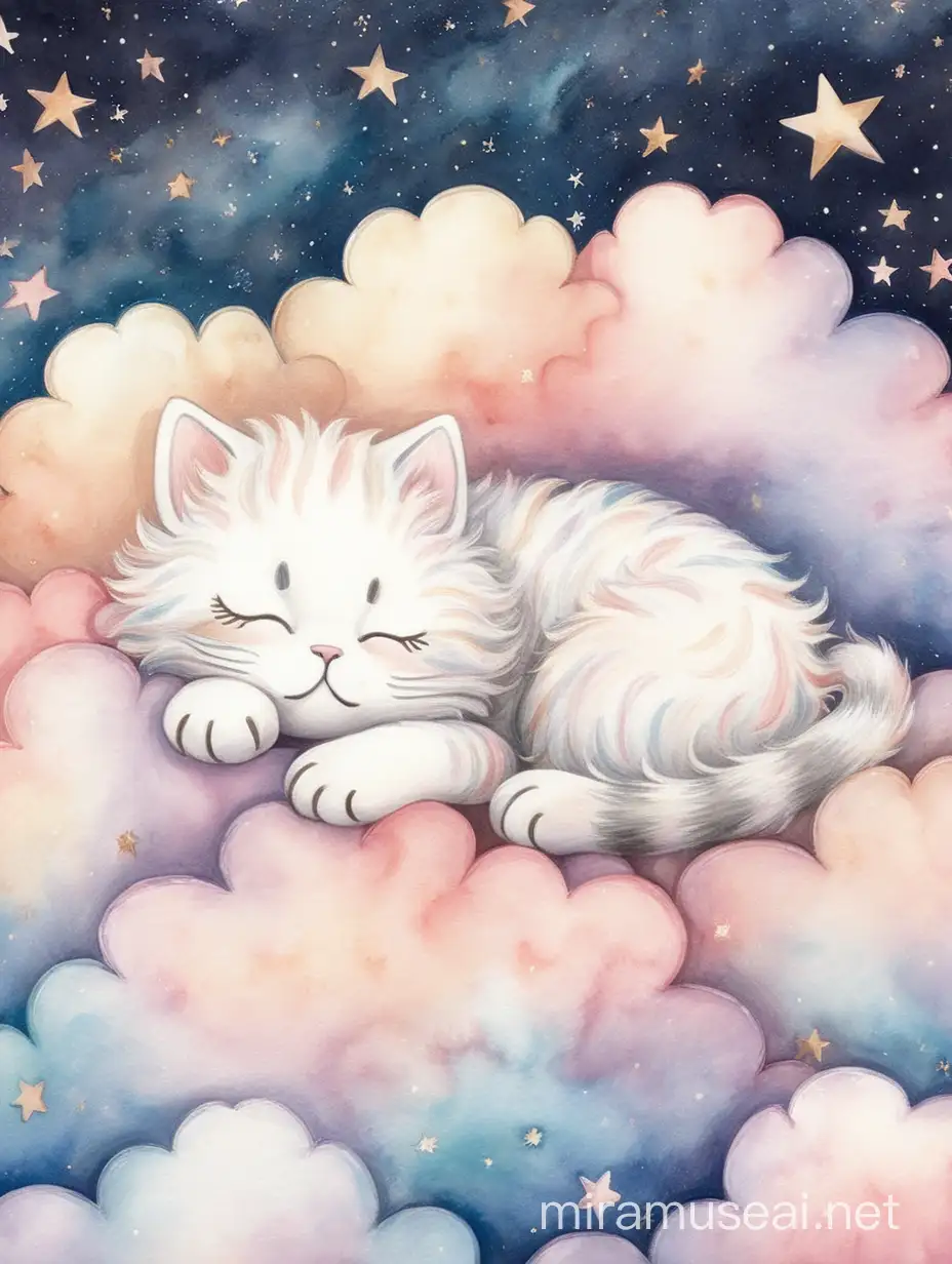 using the same style from the attached, make an image of a kitty sleeping on a fluffy cloud on a starry sky, with overall image being in warm pastel tones and watercolor style. also keep the kitty color tones close to real life colors