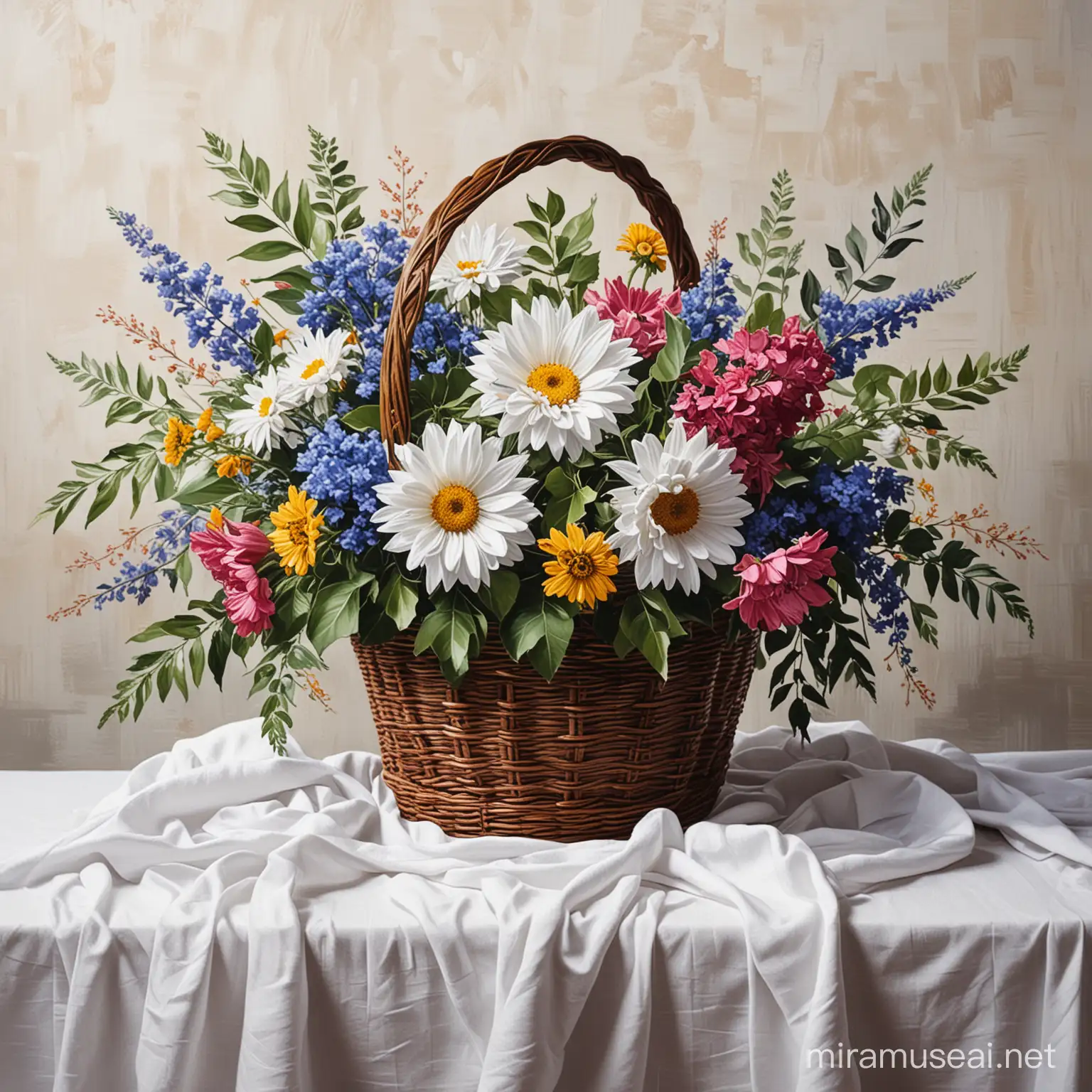 Acrylic painting of a flower basket, on a white cloth on a table, high contrast, bold brush strokes, high resolution
